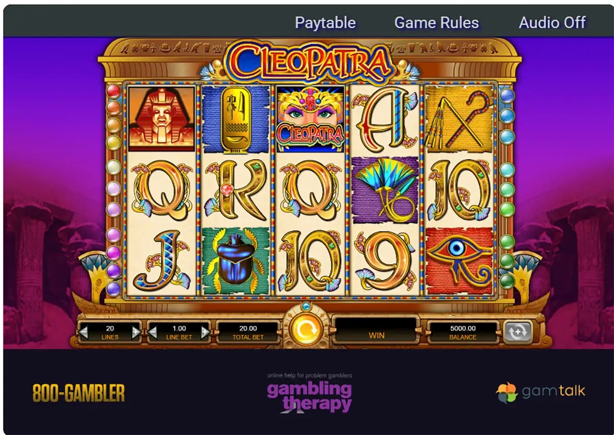 This image shows the Cleopatra slot game interface, with a total bet of 20.00 and a balance of 5,000.00. The game features various symbols like Cleopatra, the Eye of Horus, ancient Egyptian artifacts, and playing cards (Q, K, J, A, 10). The 20 paylines and line bet options are adjustable, and the 