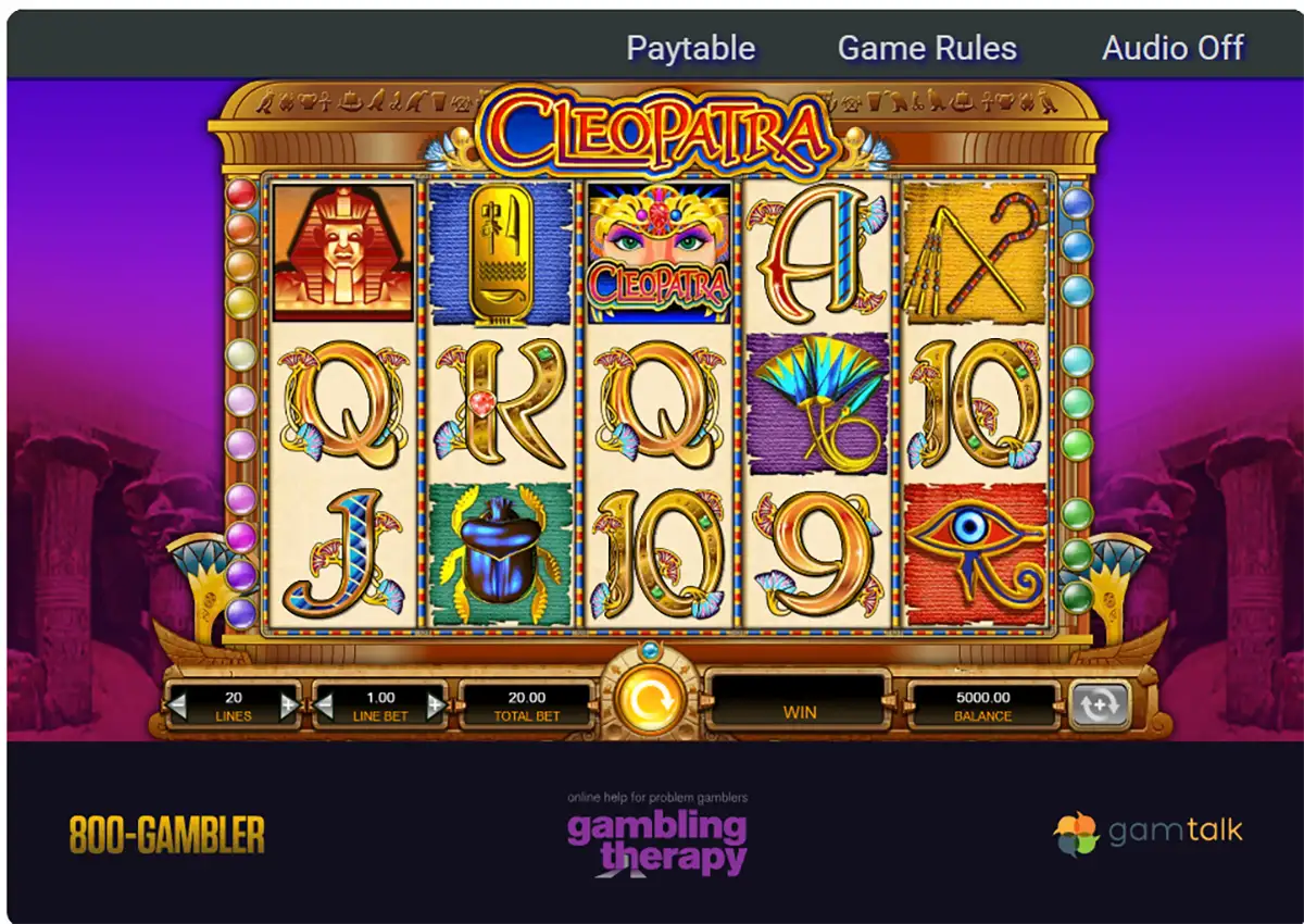 This image shows the Cleopatra slot game interface, with a total bet of 20.00 and a balance of 5,000.00. The game features various symbols like Cleopatra, the Eye of Horus, ancient Egyptian artifacts, and playing cards (Q, K, J, A, 10). The 20 paylines and line bet options are adjustable, and the 